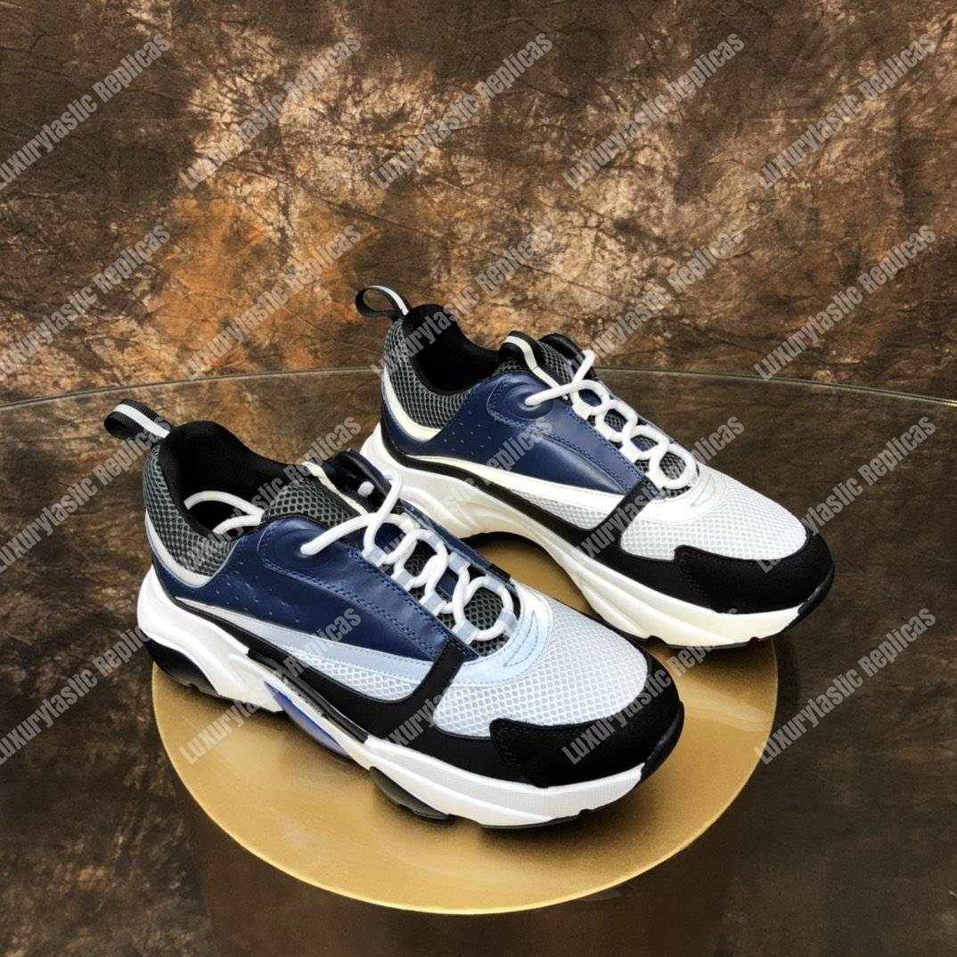 D*or b22 sneaker in white & gray technical knit with blue, black & gray calfskin