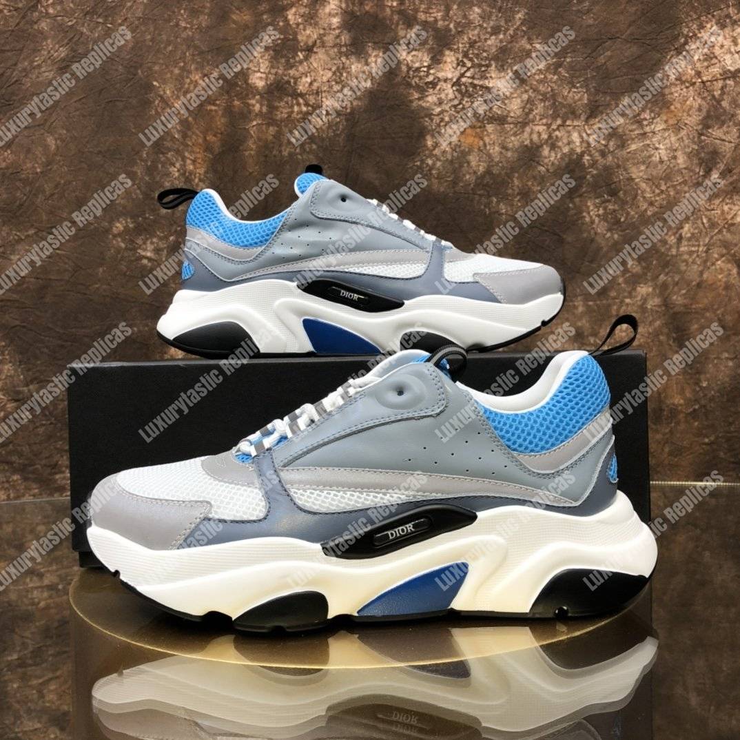 D*or b22 sneaker in white and blue technical mesh and gray calfskin