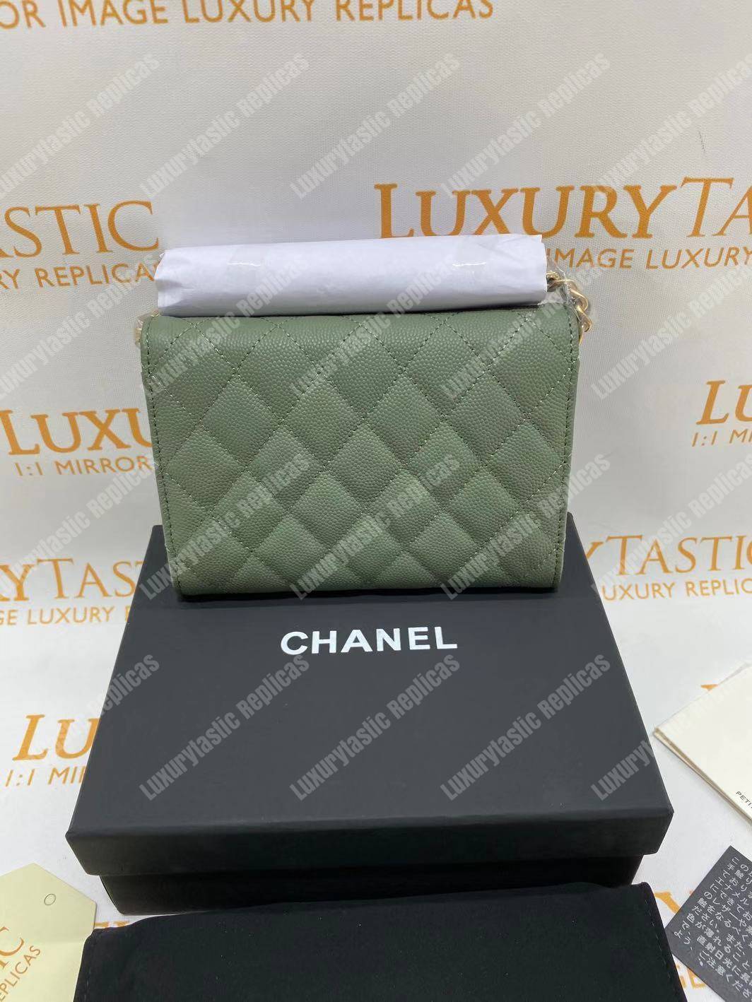 Ch*el classic clutch with chain – cwc caviar pistachio gold-toned