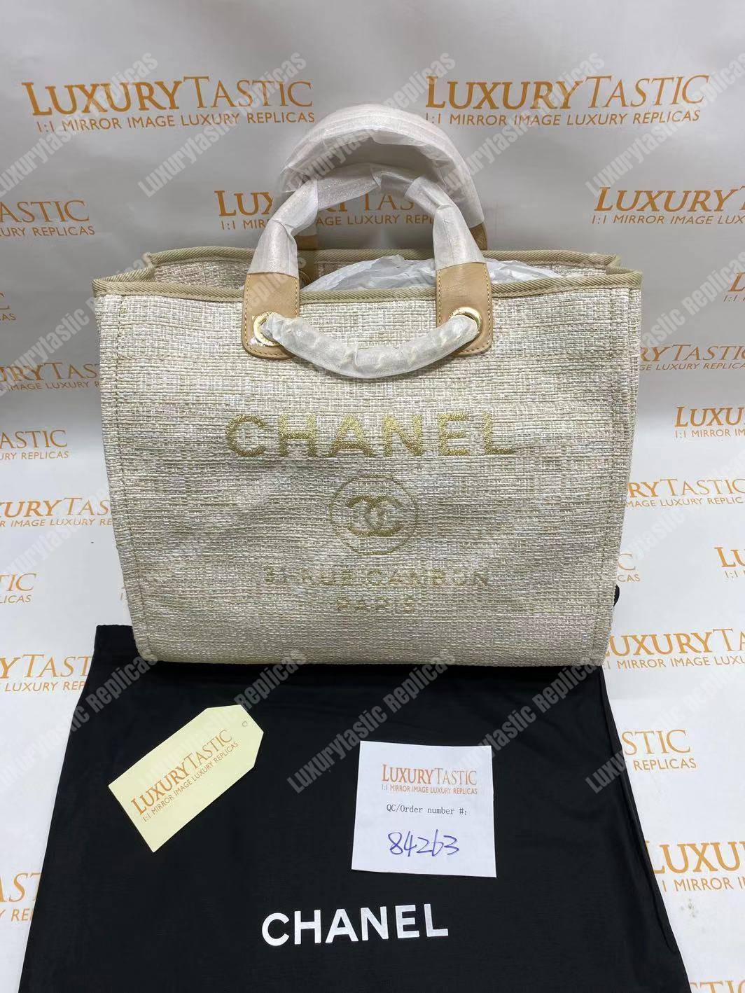 Ch*el deauville fabric tote beige