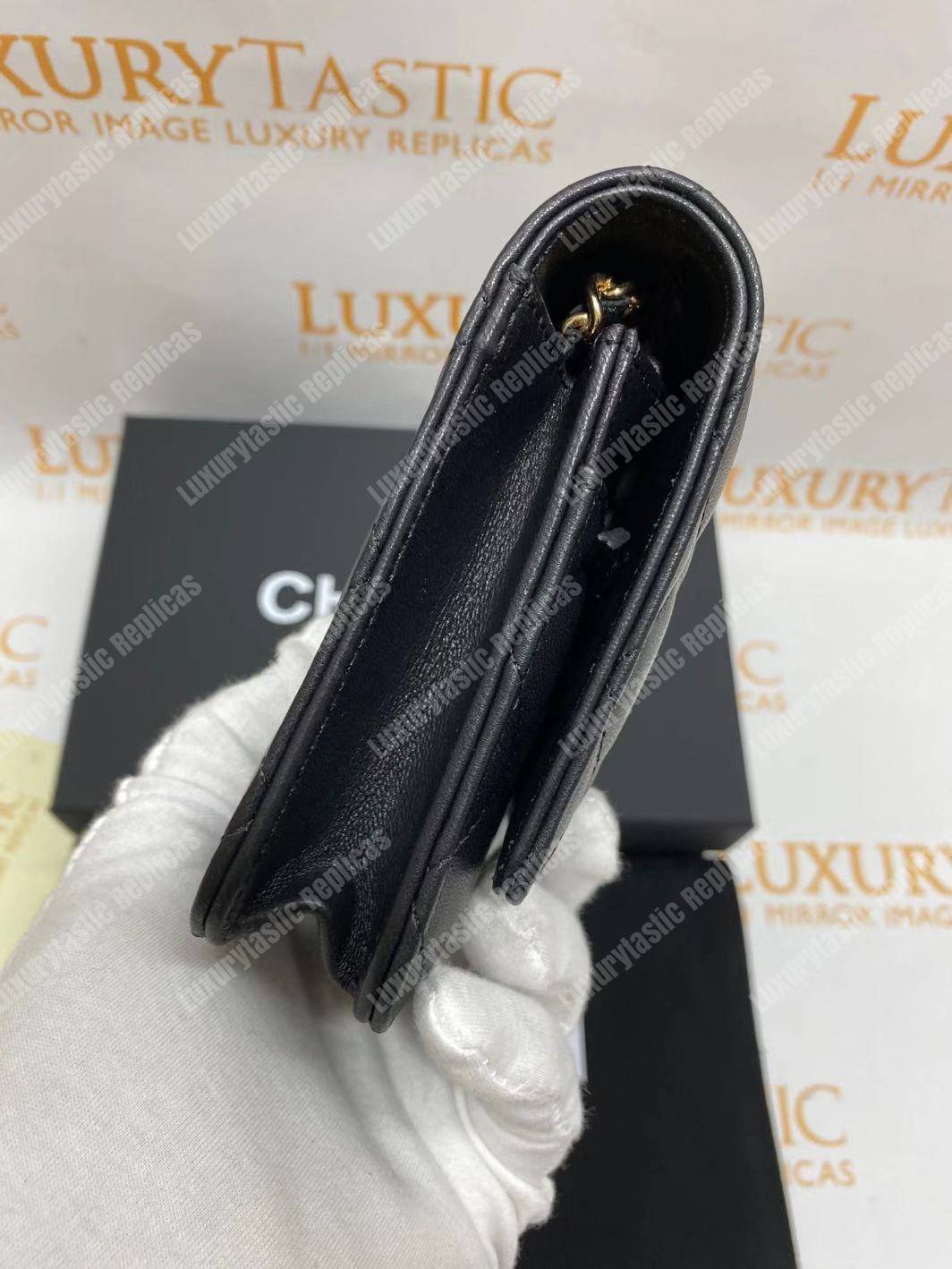 Ch*el wallet on chain – woc quilted lambskin black gold-toned