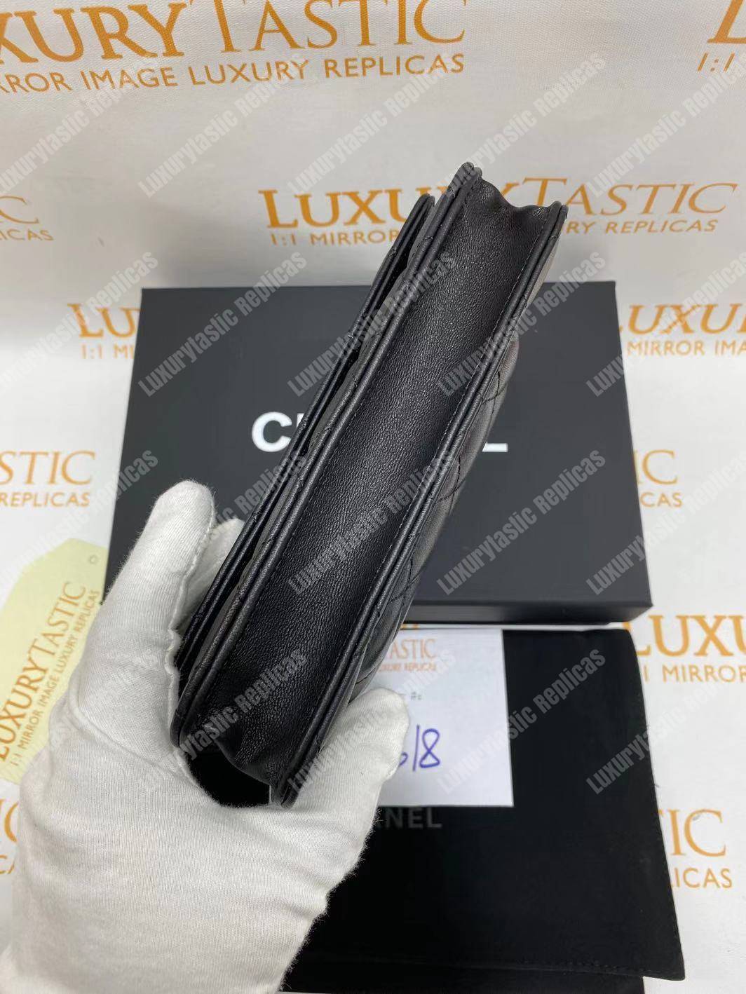 Ch*el wallet on chain – woc quilted lambskin black gold-toned