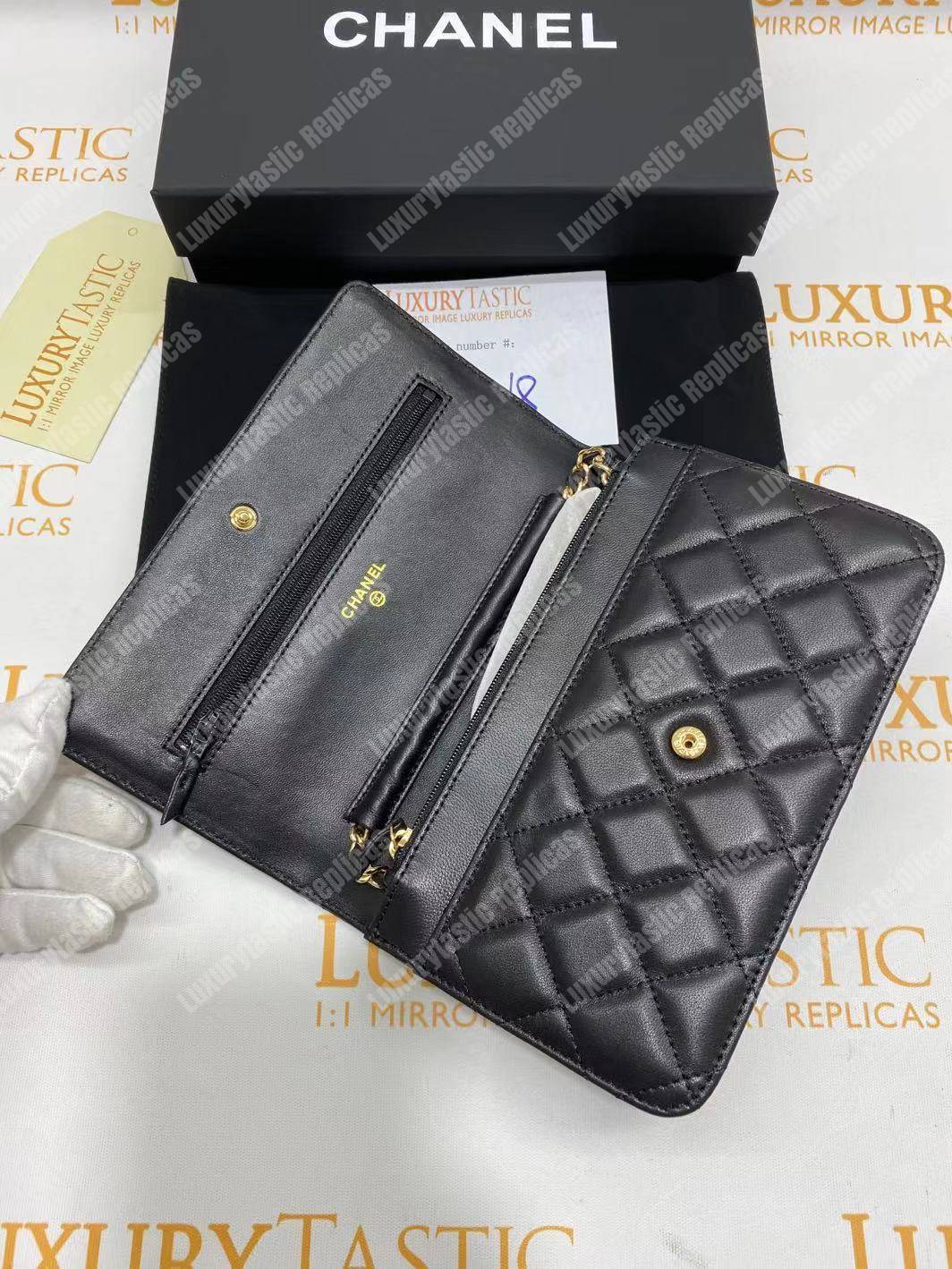 Ch*el wallet on chain – woc quilted lambskin black gold-toned