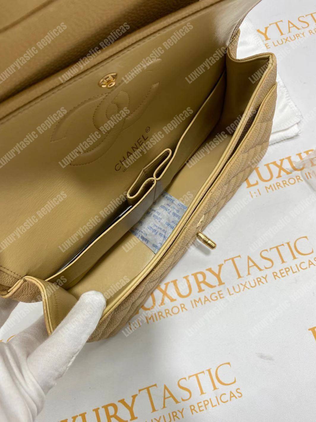 Ch*el medium classic handbag beige gold-tone metal