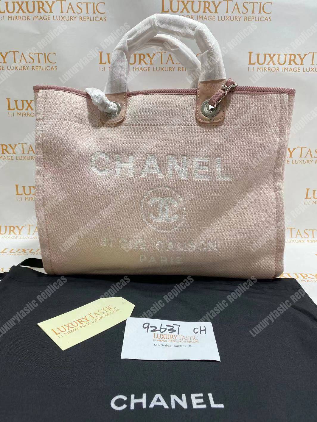 Ch*el deauville fabric tote rose pink/white