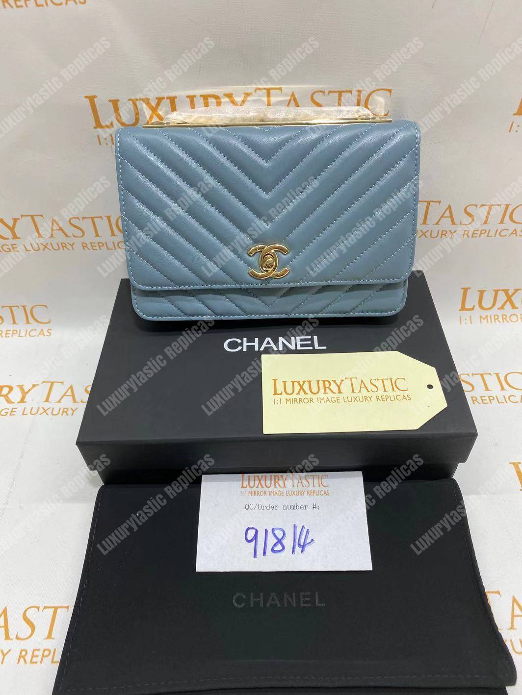 Ch*el wallet on chain – woc chevron lambskin gold-toned metal light blue