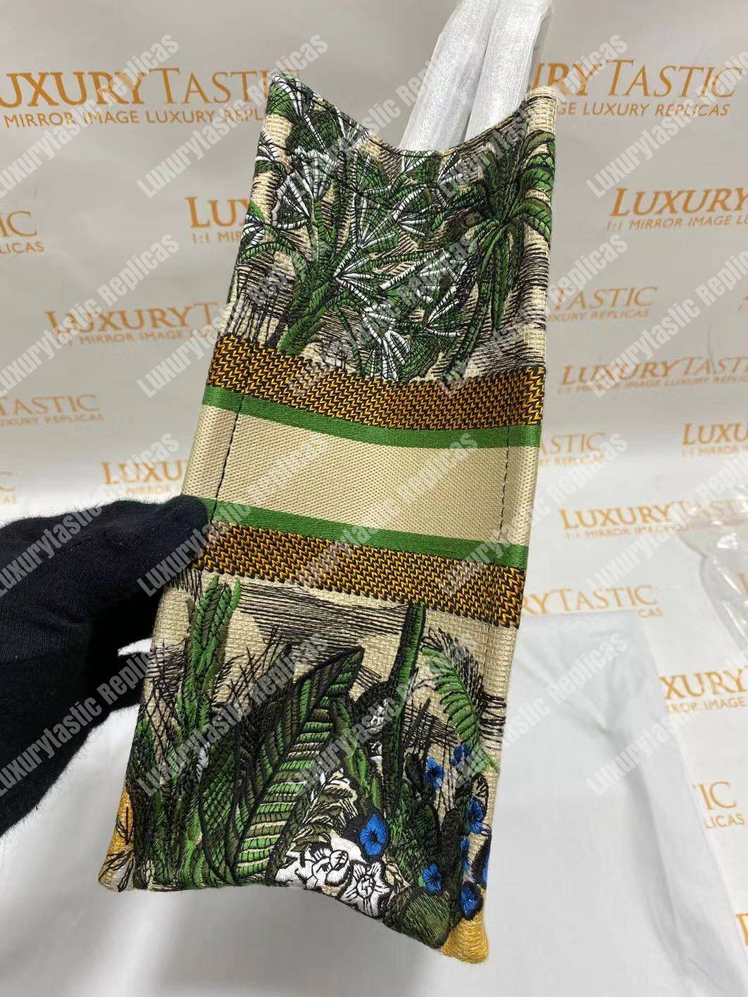 D*or book tote bag in embroidered canvas leaf green toile de jouy tropicalia