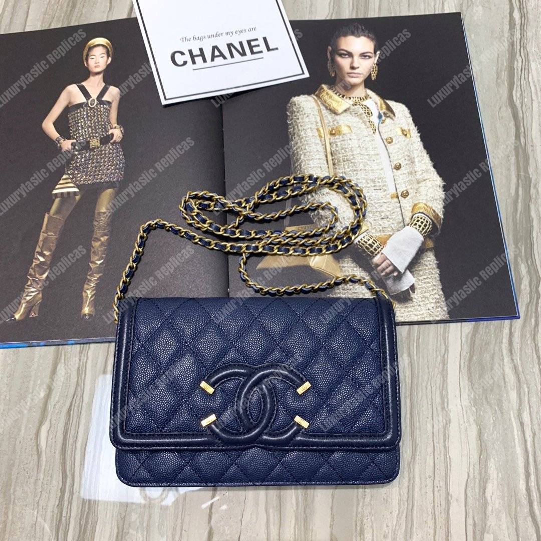 Ch*el wallet on chain – woc cc filigree dark blue grained calfskin
