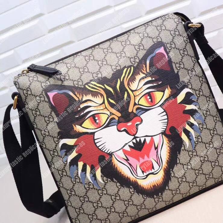 G*u*i angry cat print gg sup*e flat messenger bag