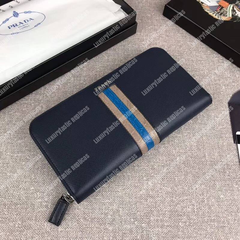 Pra*a saffiano and crocodile leather wallet blue dark blue/grey crocodile insert