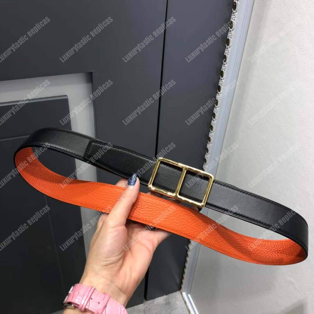 H**mes officier belt buckle reversible leather strap black/orange