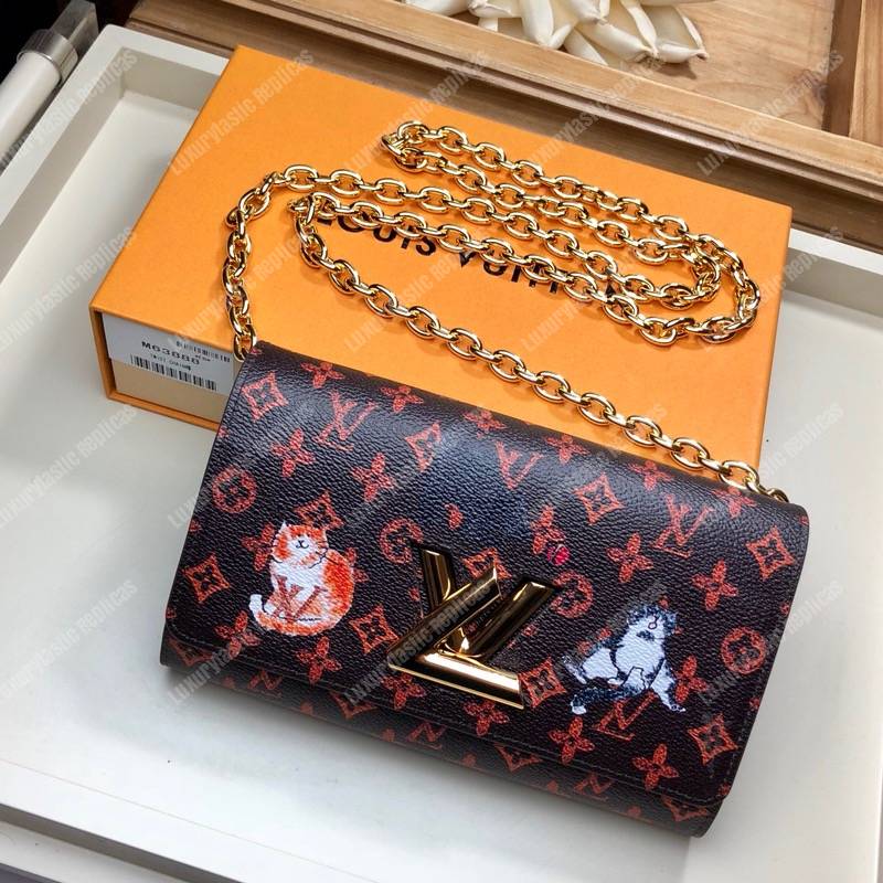 LV Twist Chain Wallet Catogram Dogs and Cats Brown Orange