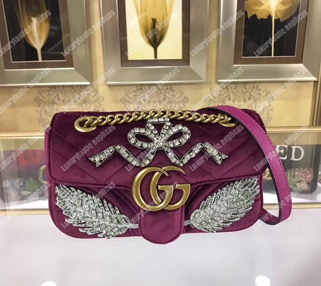 G*u*i gg marmont embroidered velvet mini bag feathers