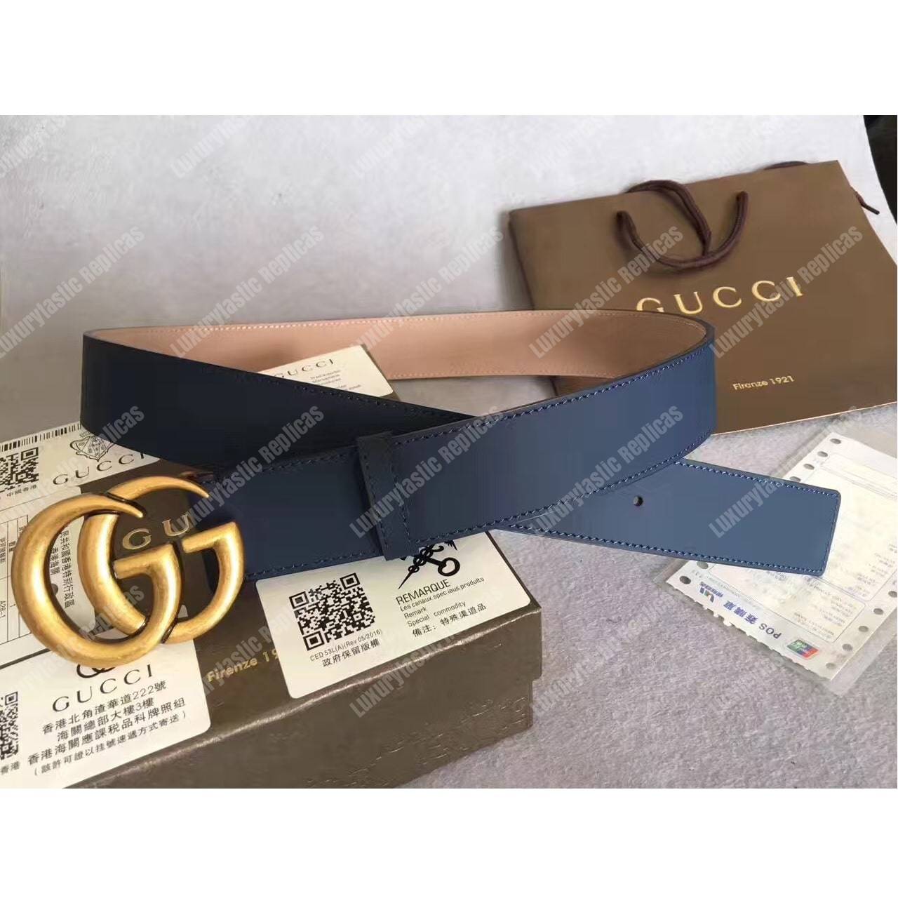 G*u*i marine blue leather belt with double g buckle