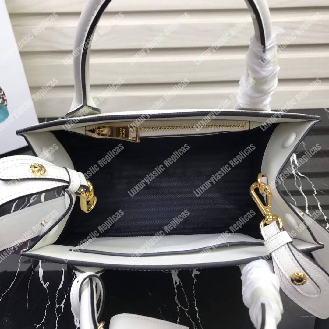pra*a monoCh*0me saffiano leather bag white