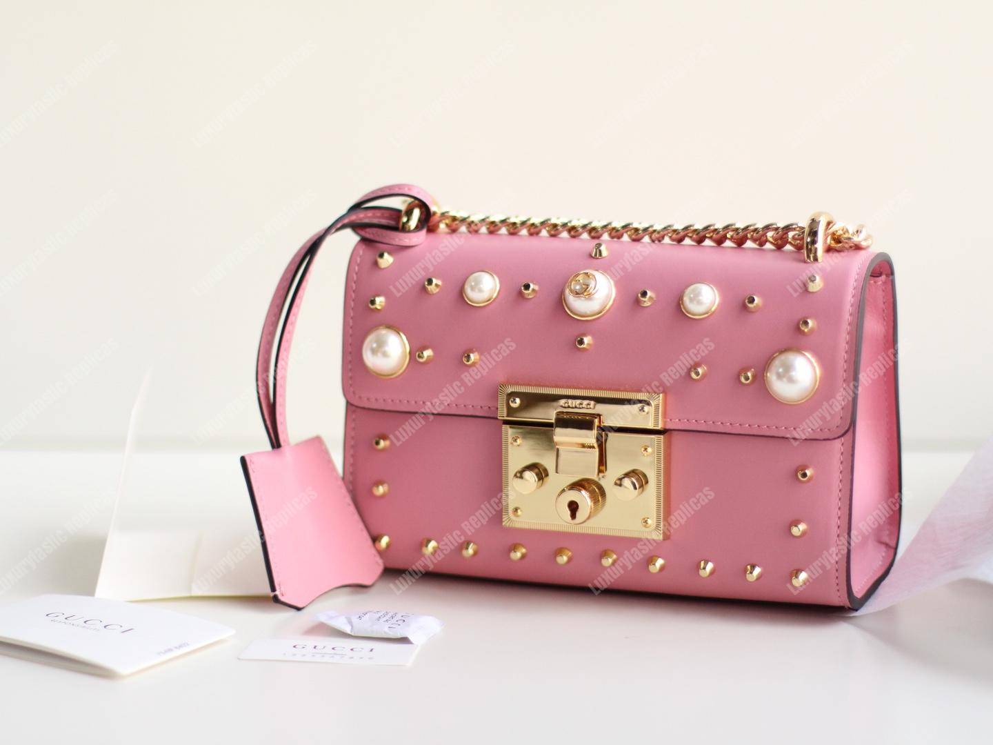 G*u*i padlock shoulder bag pink with pearls