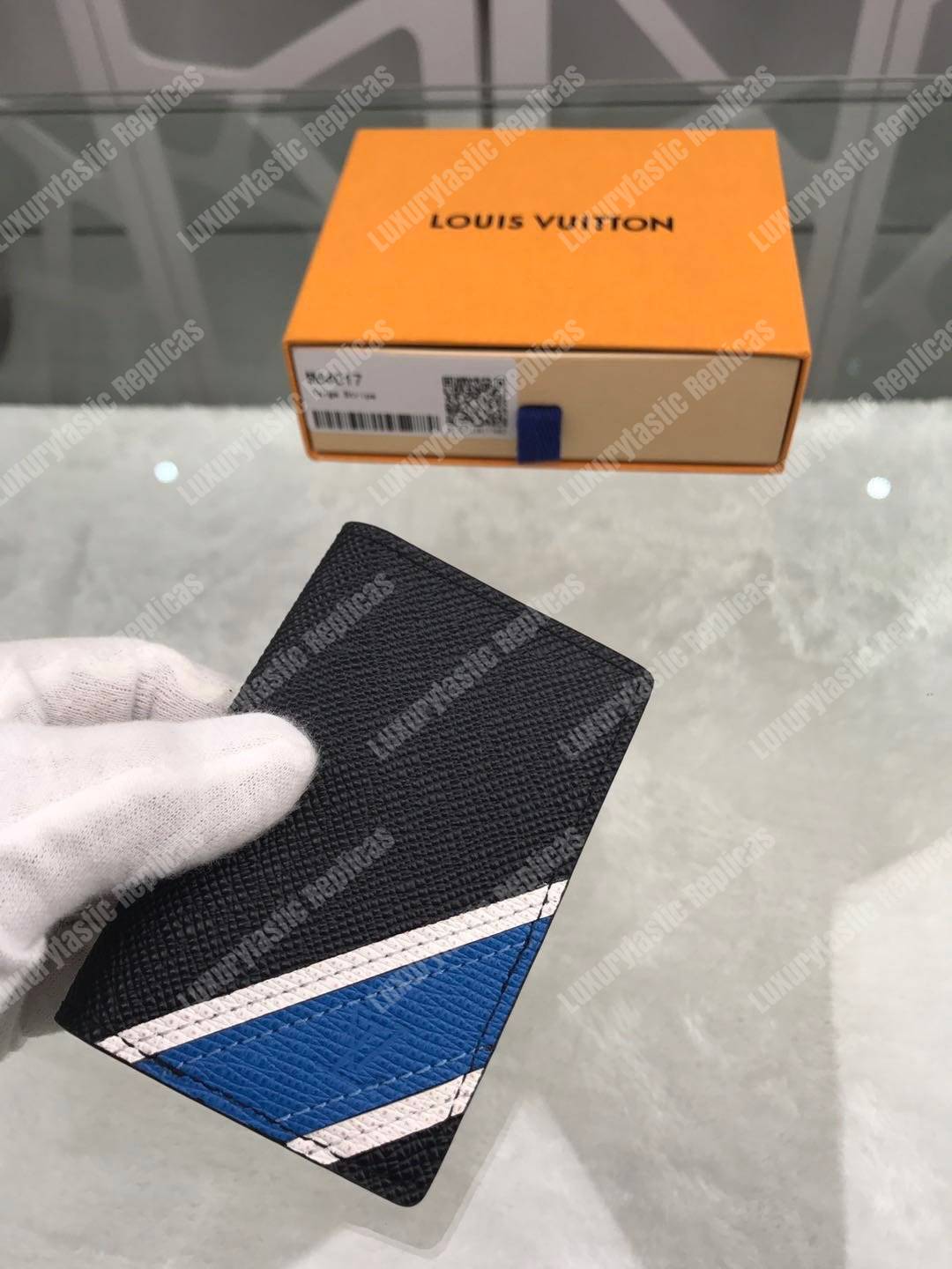 LV Pocket Organizer De Posh Blue White Stripe Taiga