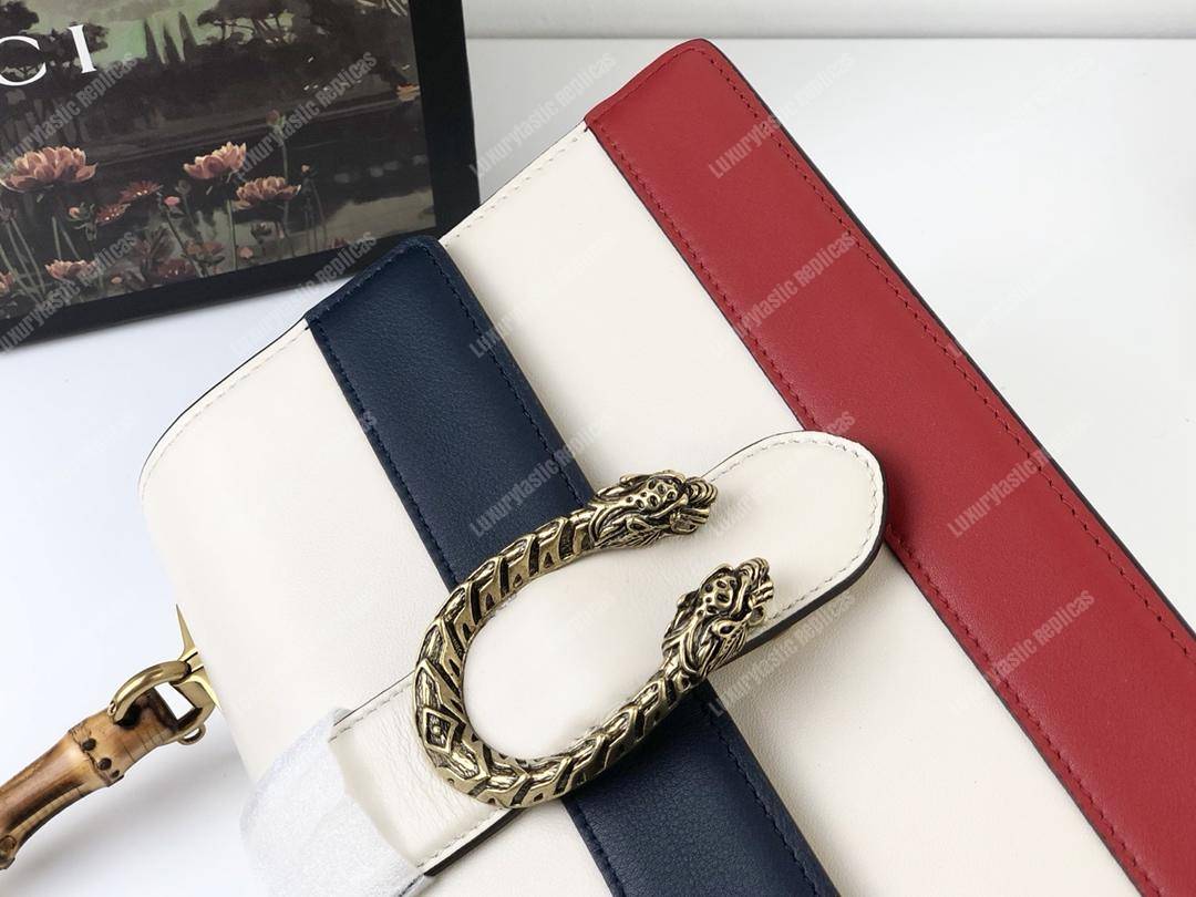 G*u*i dionysus medium smooth leather bamboo top handle bag white/blue/red