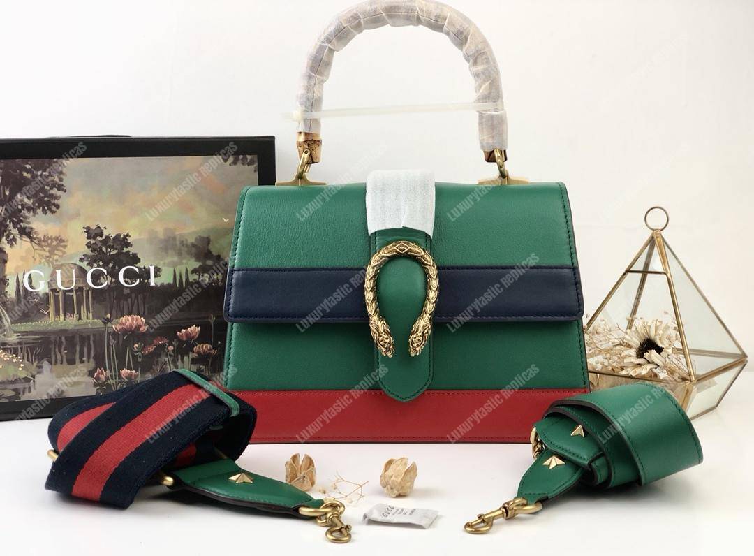 G*u*i dionysus medium smooth leather bamboo top handle bag green/blue/red