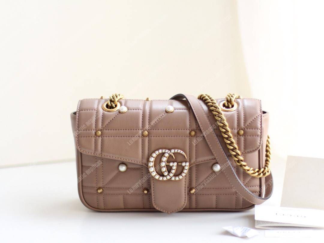 G*u*i gg marmont small matelassé shoulder bag with pearls dusty pink