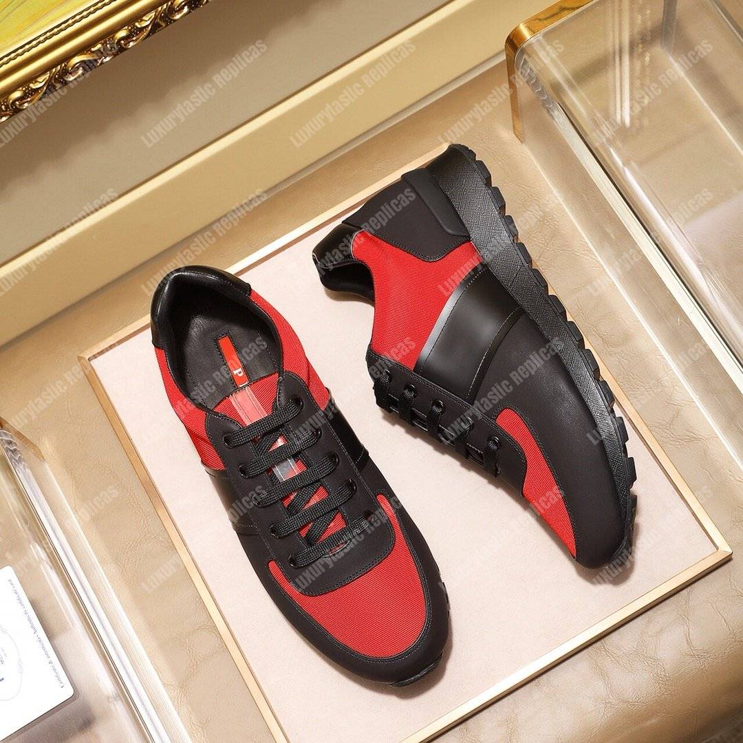 Pra*a fabric and leather sneakers red/black