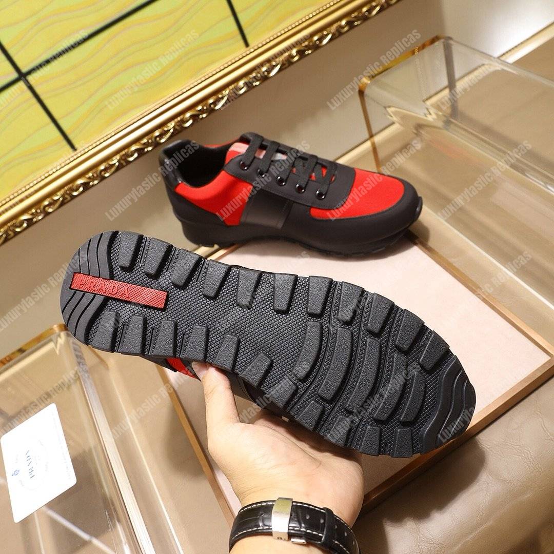 Pra*a fabric and leather sneakers red/black