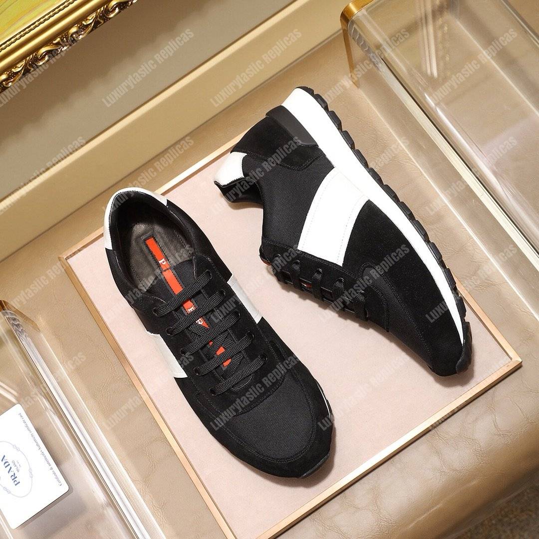Pra*a fabric and leather sneakers black/white