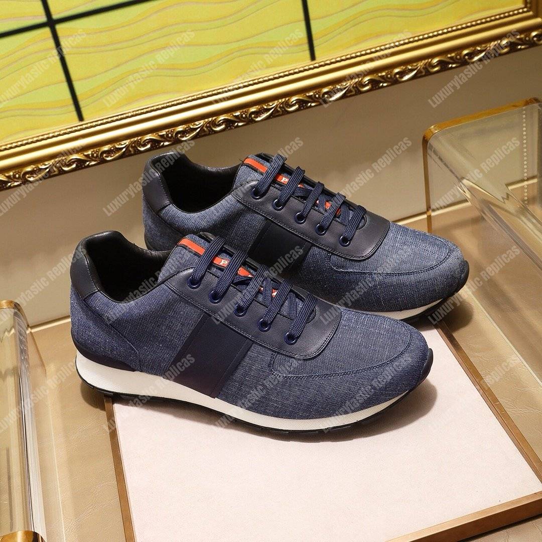 Pra*a fabric and leather sneakers blue/black