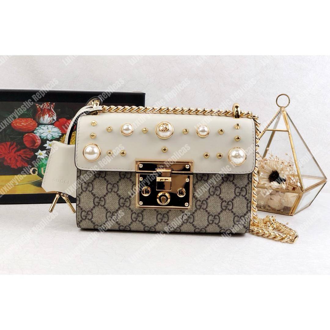 G*u*i gg sup*e padlock shoulder bag white with pearls