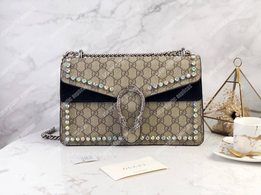 G*u*i beige black gg sup*e coated canvas crystal small dionysus shoulder bag