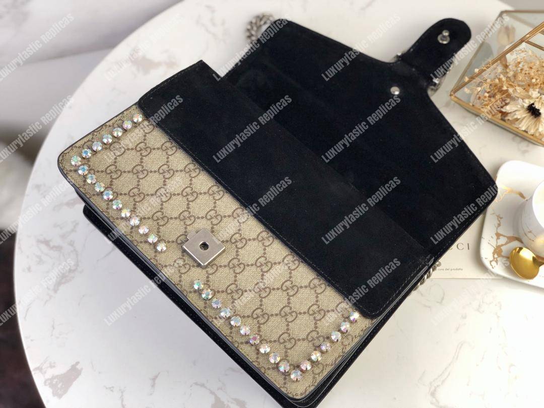 G*u*i beige black gg sup*e coated canvas crystal small dionysus shoulder bag