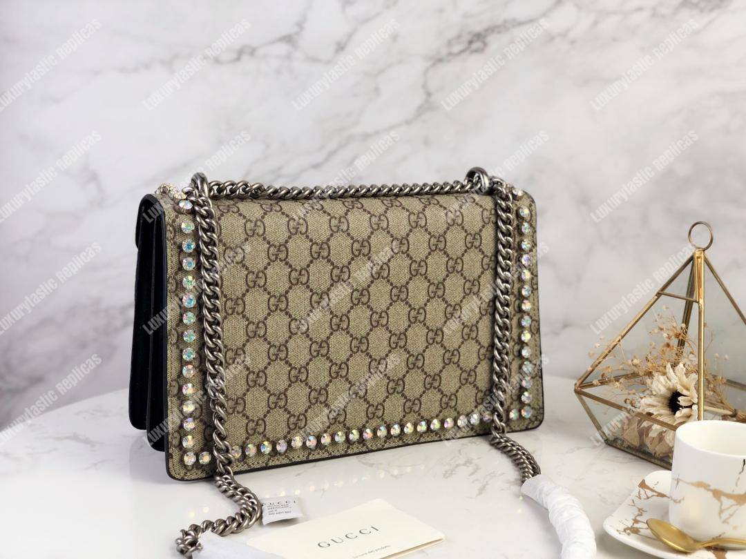 G*u*i beige black gg sup*e coated canvas crystal small dionysus shoulder bag