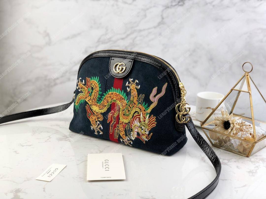 G*u*i suede dragon embroidered ophidia domed shape shoulder bag