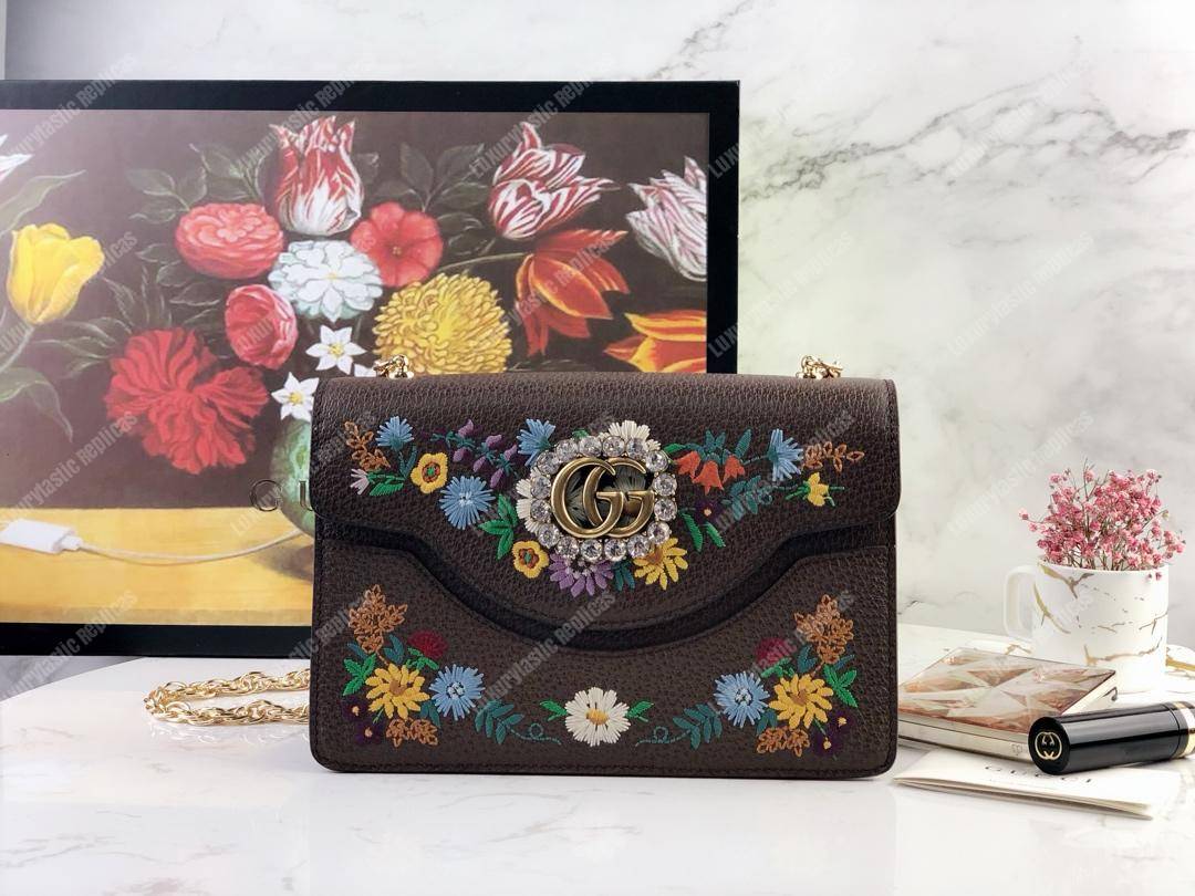 G*u*i embroidered small shoulder bag leather brown