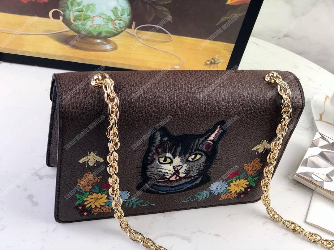 G*u*i embroidered small shoulder bag leather brown