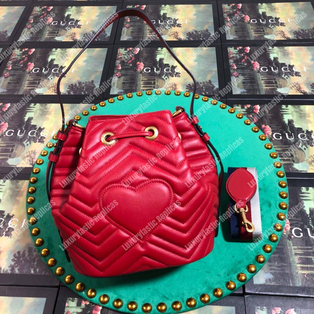 G*u*i gg marmont chevron leather bucket bag hibiscus red