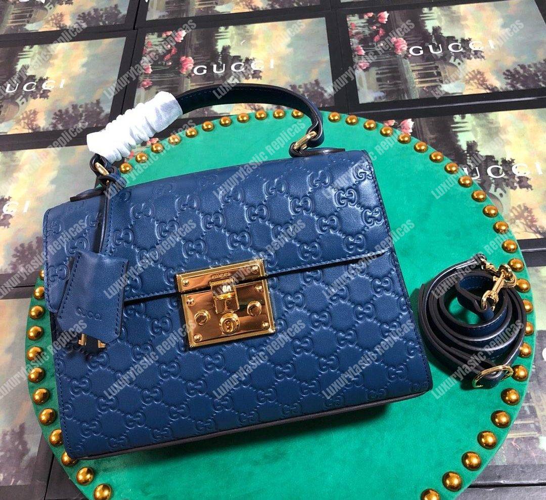 G*u*i padlock small signature top handle bag blue