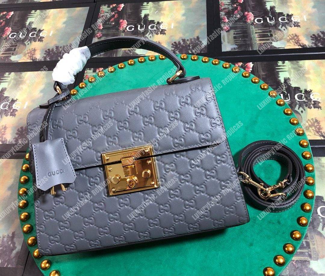 G*u*i padlock small signature top handle bag gray