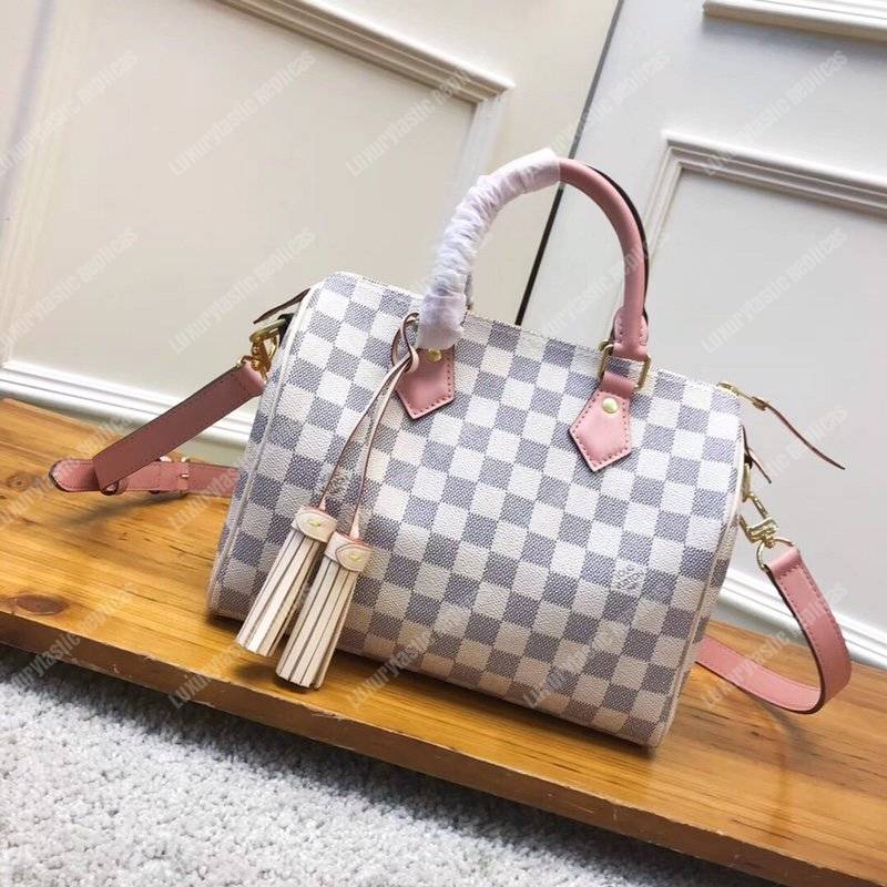 LV Speedy Bandouliere 25 Damier Azur Canvas Rose Ballerine Pink