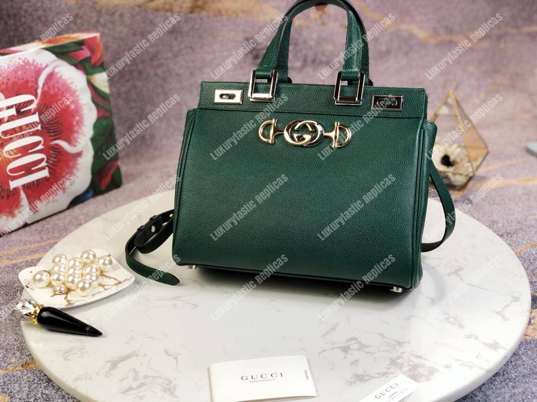 G*u*i zumi grainy leather small top handle bag dark green