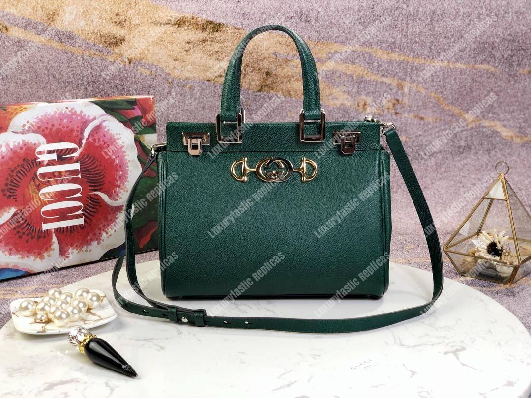 G*u*i zumi grainy leather small top handle bag dark green