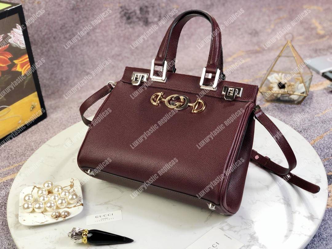 G*u*i zumi grainy leather small top handle bag burgundy