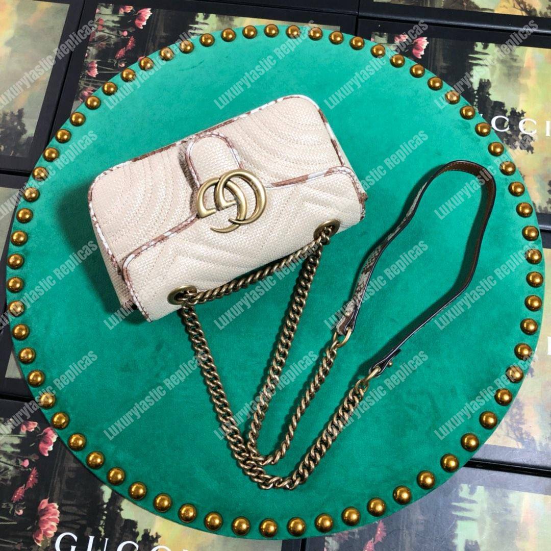 G*u*i gg marmont raffia mini bag cream snakeskin trim