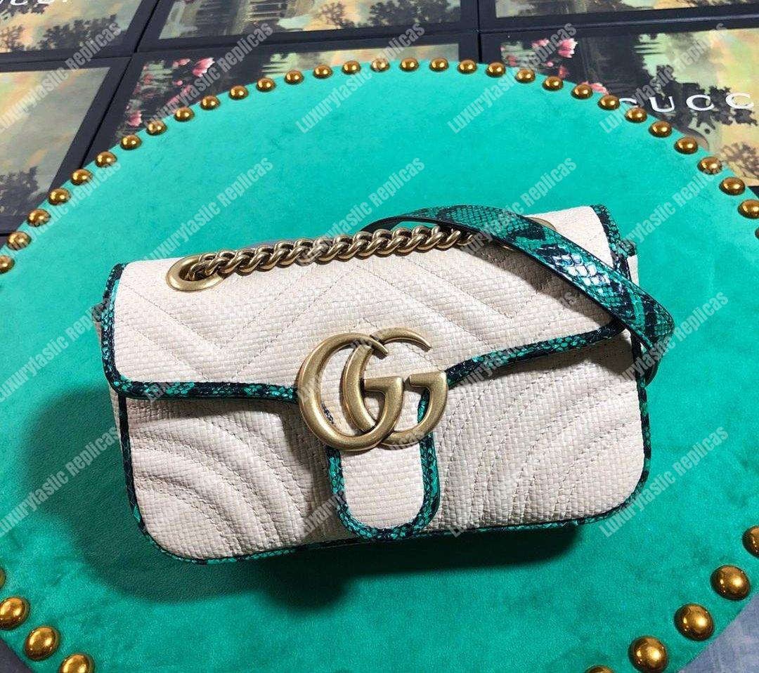 G*u*i gg marmont raffia mini bag green snakeskin trim