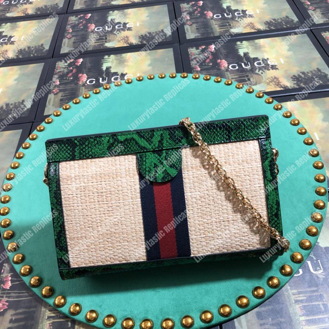 G*u*i online exclusive ophidia straw small shoulder bag green snakeskin trim