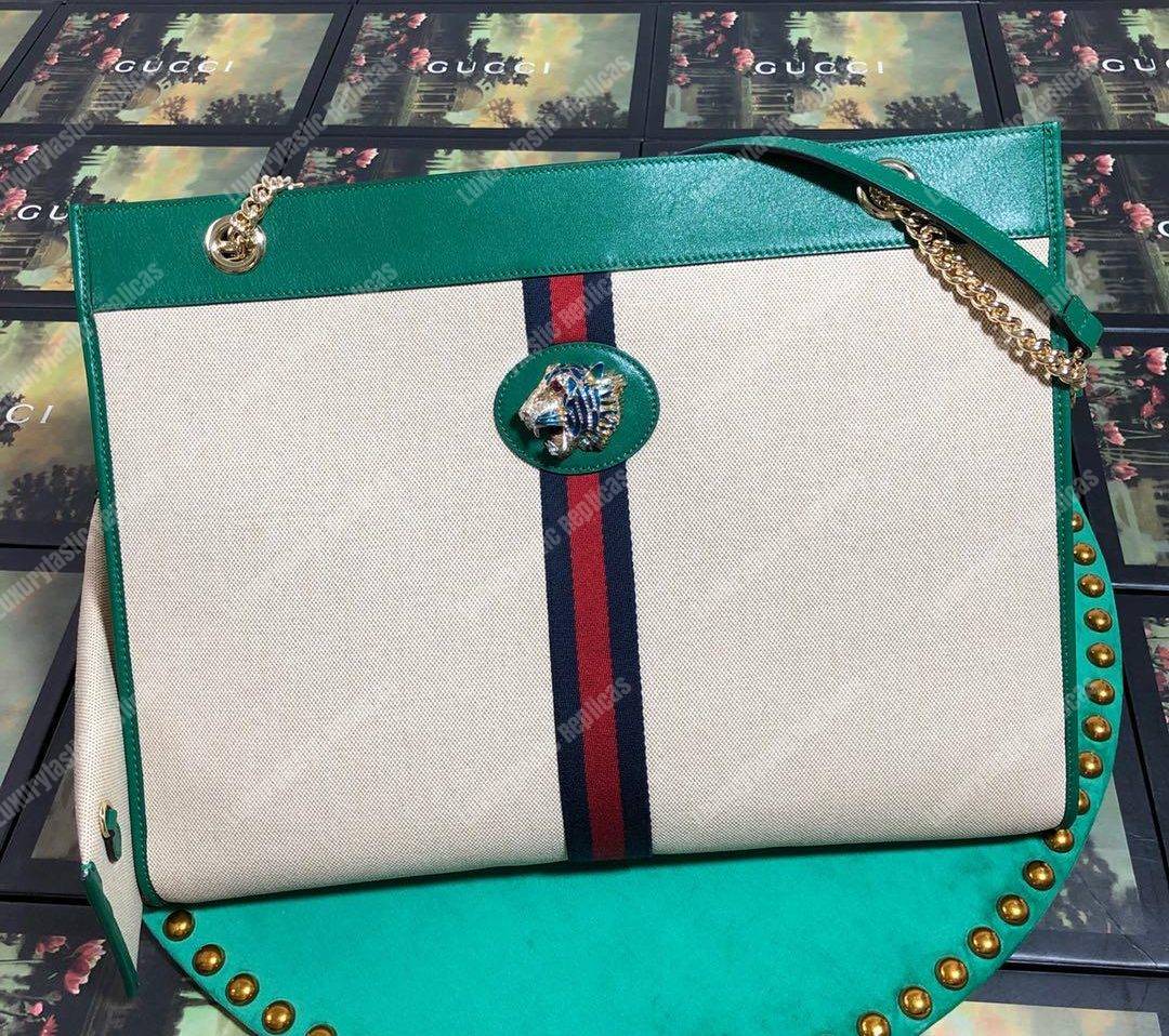 G*u*i online exclusive rajah large tote green trim