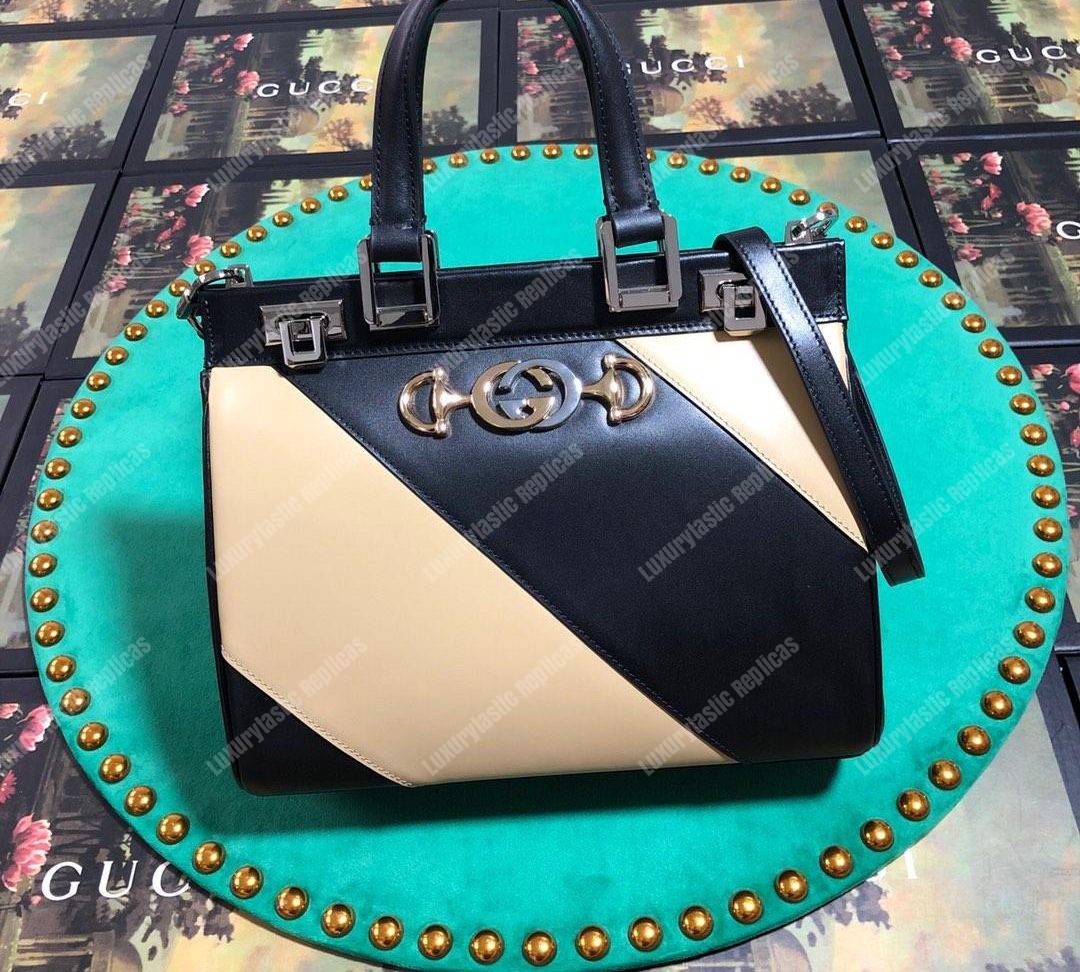 G*u*i zumi diagonal stripe small top handle bag black beige