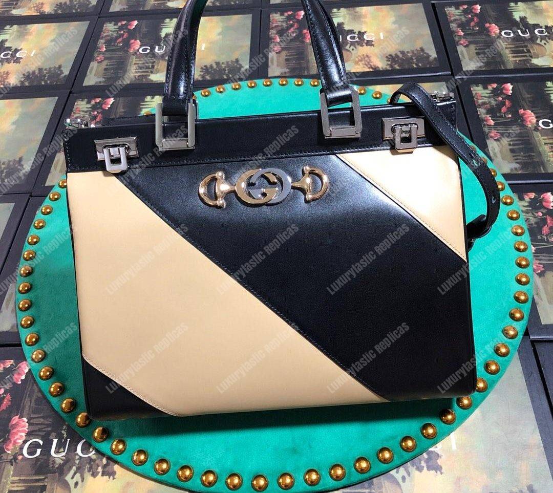 G*u*i zumi diagonal stripe medium top handle bag black beige