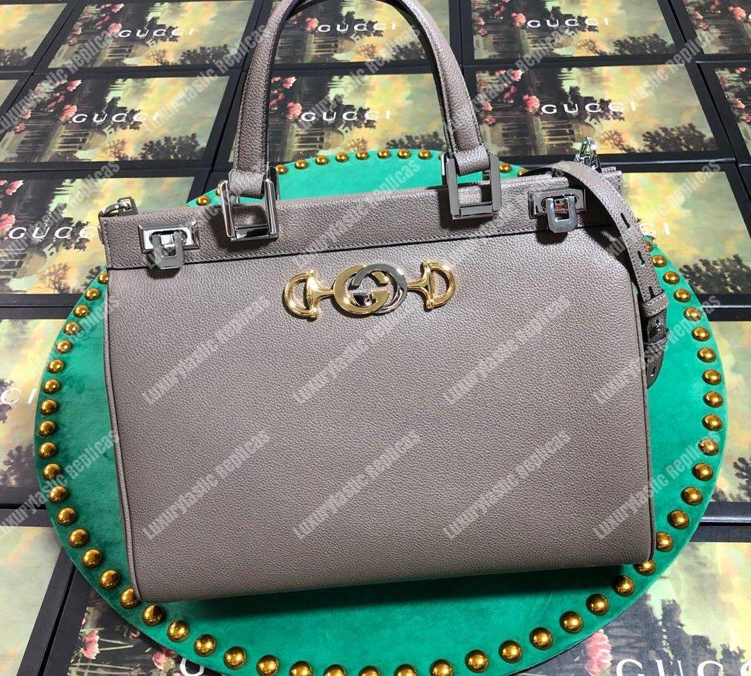 G*u*i zumi grainy leather medium top handle bag dusty gray