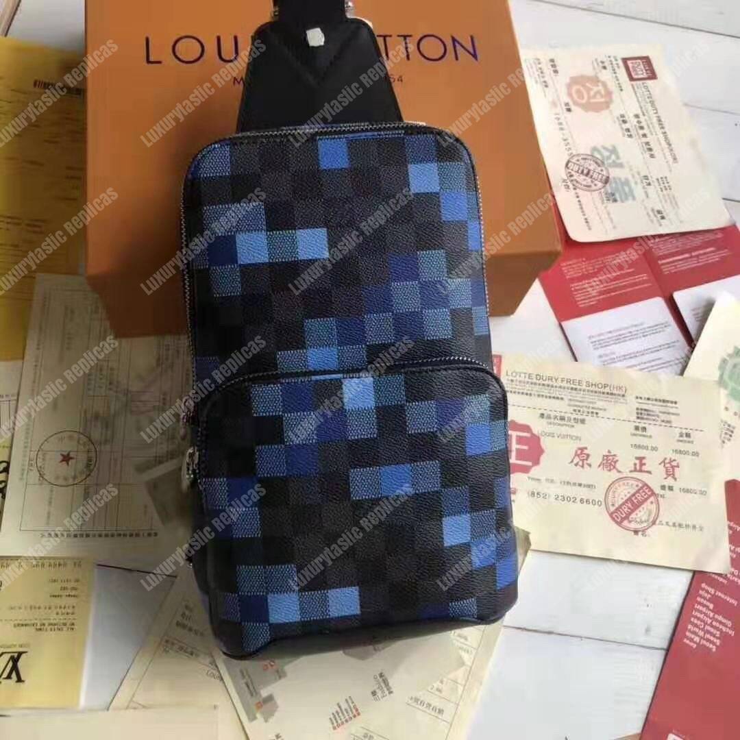 LV Avenue Sling Bag Damier Graphite Pixel Coated Canvas Blue